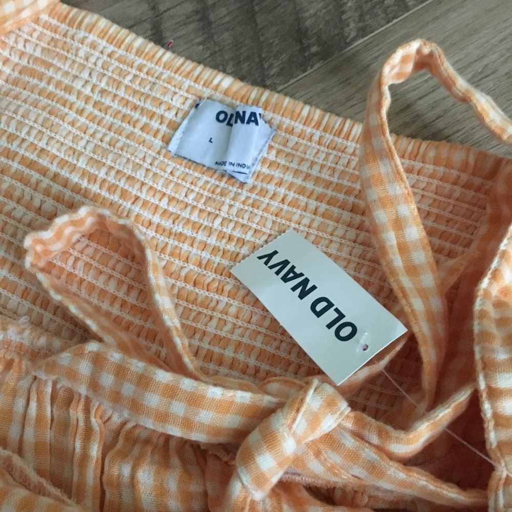 Old Navy NWT 100% Cotton Orange Gingham Smocked Tie Shoulder Tank Large - Picture 10 of 16